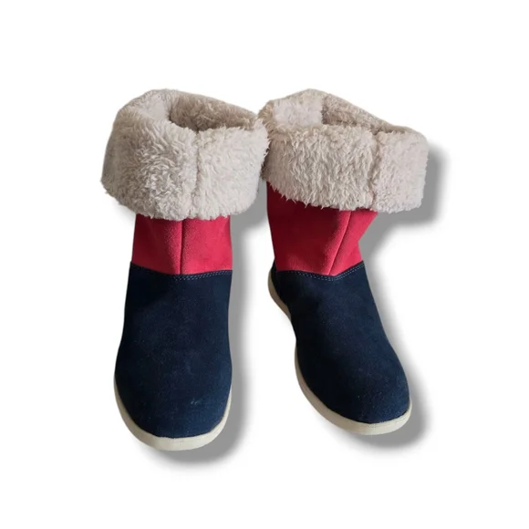 CROCS Women's Adela Foldover Fuzz Suede Booties Pink Poppy/Yellow Stucco/Navy - Picture 13 of 16